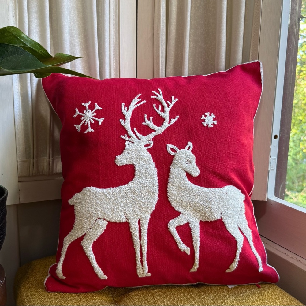 Embroidered Red and White Deer Holiday Pillow Cover
